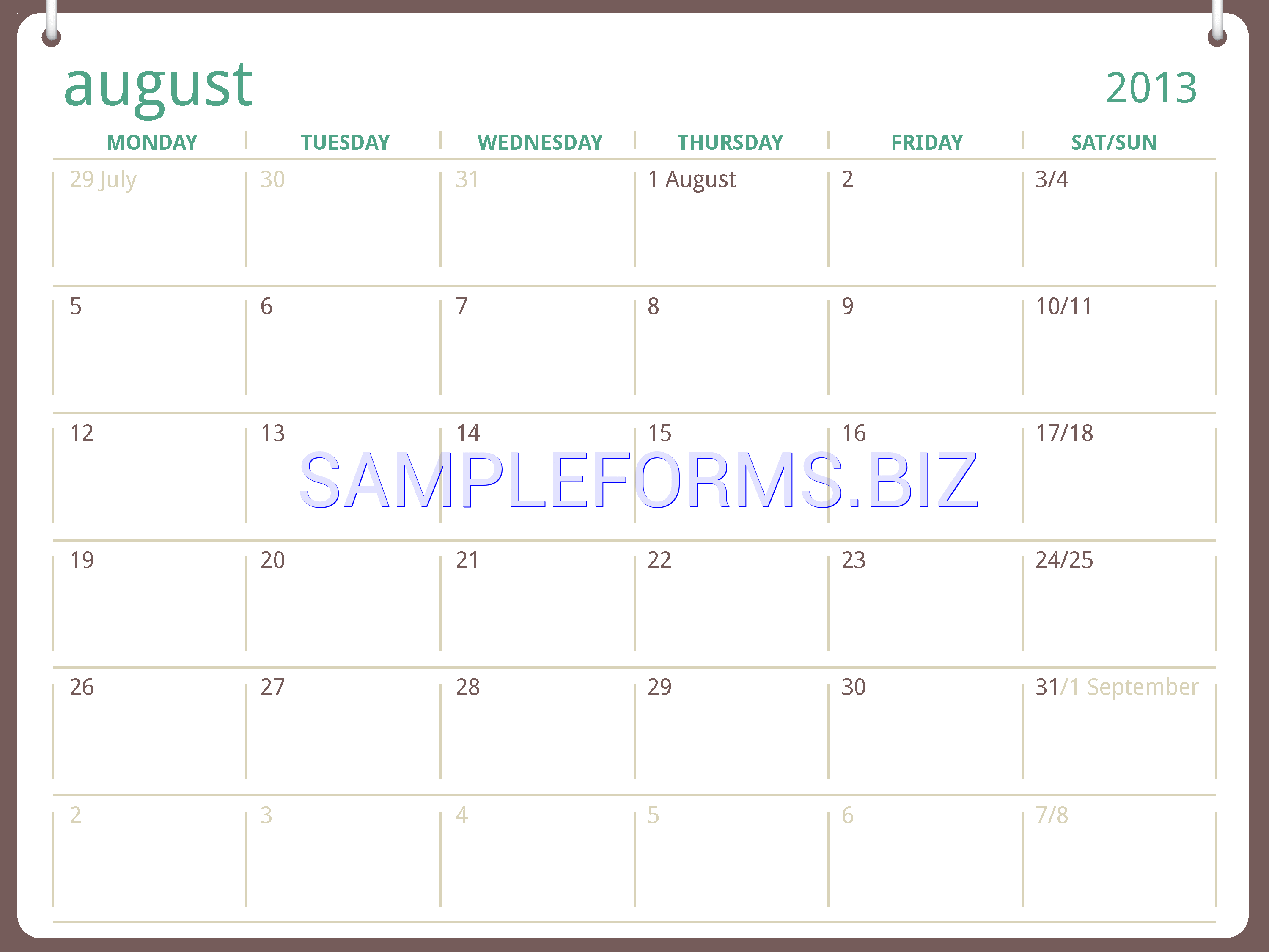 Preview free downloadable 2013-2014 Academic Calendar (August) in PDF (page 1)