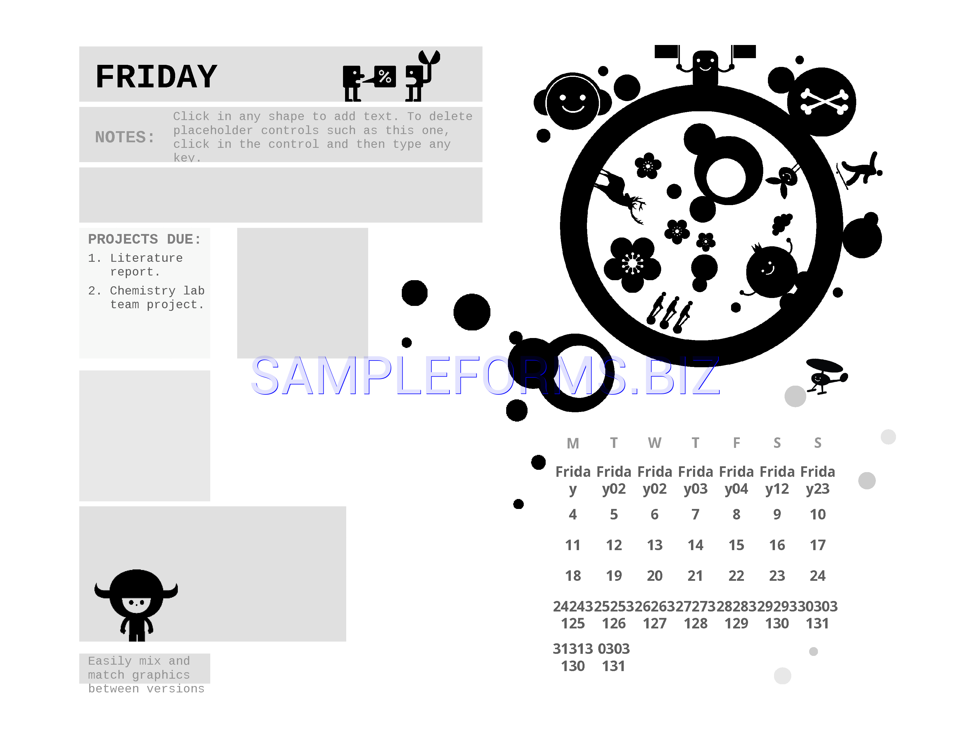 Preview free downloadable One-Month Student Calendar (Monday Start, Circle Design) in PDF (page 1)
